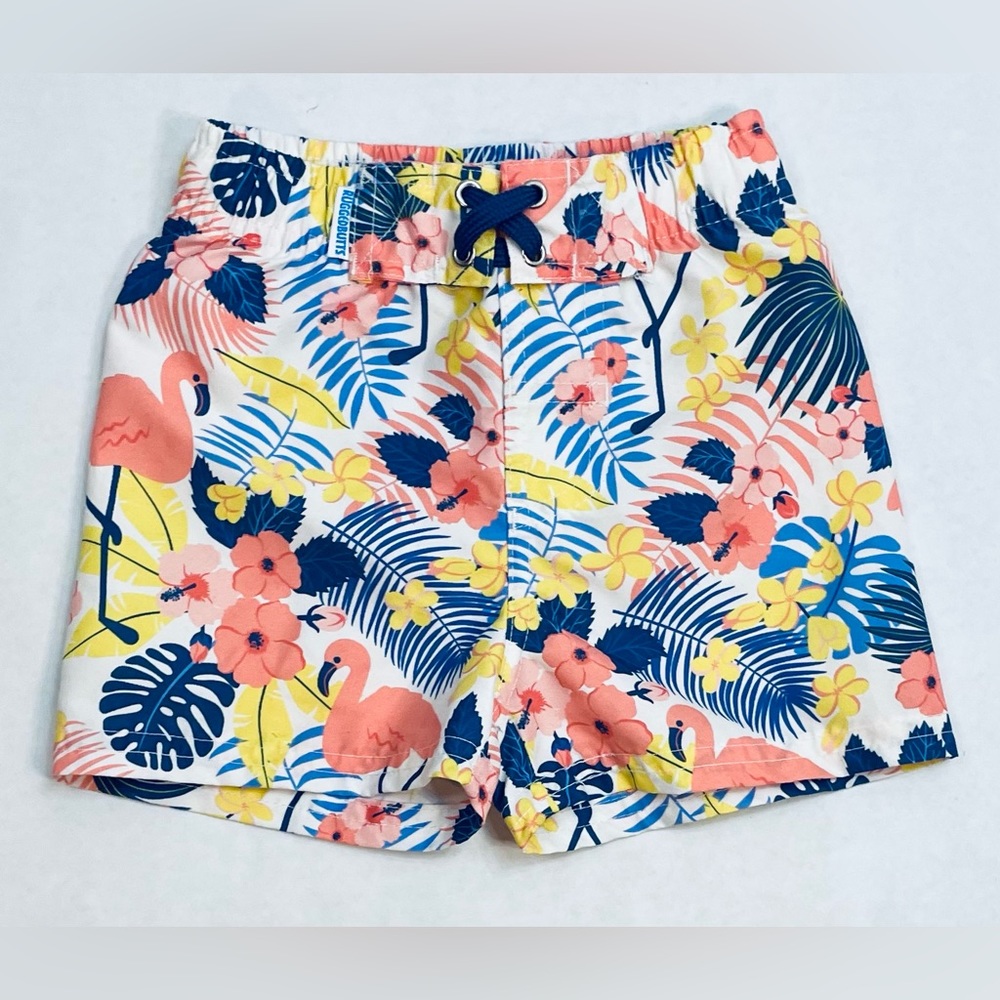 Boys 12-18 moth RuggedButts tropical flamingo swim trunks. Lined